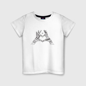Детская футболка хлопок с принтом Сердечко в Новосибирске, 100% хлопок | круглый вырез горловины, полуприлегающий силуэт, длина до линии бедер | дзентангл | дудлы | пальцы | раскраска | руки | ручная графика | сердечко | узоры | черно белое