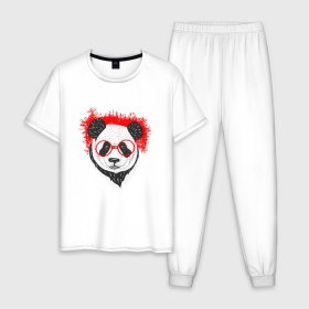 Мужская пижама хлопок с принтом Умная панда в Новосибирске, 100% хлопок | брюки и футболка прямого кроя, без карманов, на брюках мягкая резинка на поясе и по низу штанин
 | абстрактная | каракули | милая | очкарик | очки | панда | ручная графика | умный