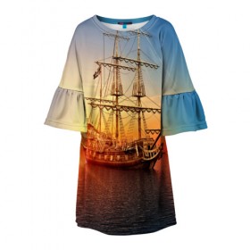 Детское платье 3D с принтом Фрегат в Новосибирске, 100% полиэстер | прямой силуэт, чуть расширенный к низу. Круглая горловина, на рукавах — воланы | 3d | blue | брызги | вмф | вода | военный | волны | исторический | капли | корабль | лето | море | моряк | океан | природа | фрегат | шторм