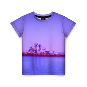 Детская футболка 3D с принтом Сторожевой корабль в Новосибирске, 100% гипоаллергенный полиэфир | прямой крой, круглый вырез горловины, длина до линии бедер, чуть спущенное плечо, ткань немного тянется | Тематика изображения на принте: 3d | blue | боевой | брызги | вмф | вода | военный | волны | исторический | капли | корабль | лето | море | моряк | океан | природа | ракеты | силовые структуры | шторм
