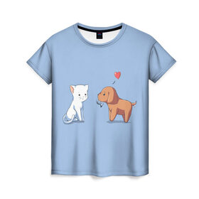 Женская футболка 3D с принтом Котенок и щенок, любовь в Новосибирске, 100% полиэфир ( синтетическое хлопкоподобное полотно) | прямой крой, круглый вырез горловины, длина до линии бедер | 