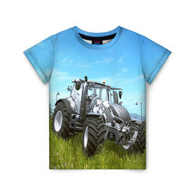 Детская футболка 3D с принтом Farming simulator 1 в Новосибирске, 100% гипоаллергенный полиэфир | прямой крой, круглый вырез горловины, длина до линии бедер, чуть спущенное плечо, ткань немного тянется | Тематика изображения на принте: farming | simulator | трактор | фермер