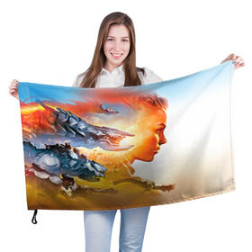 Флаг 3D с принтом HZD 3 в Новосибирске, 100% полиэстер | плотность ткани — 95 г/м2, размер — 67 х 109 см. Принт наносится с одной стороны | dawn | horizon | zero | роботы