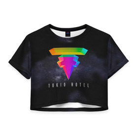 Женская футболка 3D укороченная с принтом Tokio Hotel в Новосибирске, 100% полиэстер | круглая горловина, длина футболки до линии талии, рукава с отворотами | Тематика изображения на принте: 2017 | dream machine | tokio hotel | билл каулитц | георг листинг | густав шефер | токийский отель | том каулиц