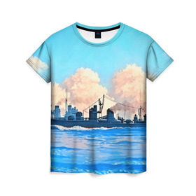 Женская футболка 3D с принтом Корабль в Новосибирске, 100% полиэфир ( синтетическое хлопкоподобное полотно) | прямой крой, круглый вырез горловины, длина до линии бедер | 3d | blue | брызги | вмф | вода | военный | волны | исторический | капли | корабль | лето | море | моряк | океан | природа | фрегат | шторм