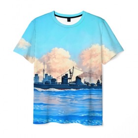 Мужская футболка 3D с принтом Корабль в Новосибирске, 100% полиэфир | прямой крой, круглый вырез горловины, длина до линии бедер | 3d | blue | брызги | вмф | вода | военный | волны | исторический | капли | корабль | лето | море | моряк | океан | природа | фрегат | шторм