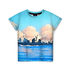 Детская футболка 3D с принтом Корабль в Новосибирске, 100% гипоаллергенный полиэфир | прямой крой, круглый вырез горловины, длина до линии бедер, чуть спущенное плечо, ткань немного тянется | 3d | blue | брызги | вмф | вода | военный | волны | исторический | капли | корабль | лето | море | моряк | океан | природа | фрегат | шторм