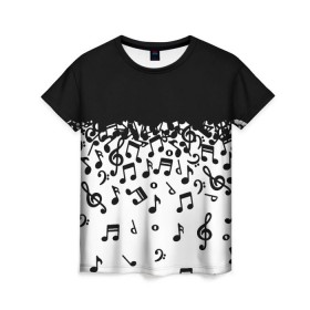 Женская футболка 3D с принтом Поглощение музыкой в Новосибирске, 100% полиэфир ( синтетическое хлопкоподобное полотно) | прямой крой, круглый вырез горловины, длина до линии бедер | абстракция | арт | дизайн | музыка | ноты | ритм