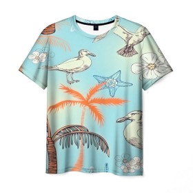 Мужская футболка 3D с принтом Морской стиль в Новосибирске, 100% полиэфир | прямой крой, круглый вырез горловины, длина до линии бедер | Тематика изображения на принте: арт | море | пальмы | природа | птицы | цветные | цветы | чайки | яркие