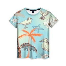 Женская футболка 3D с принтом Морской стиль в Новосибирске, 100% полиэфир ( синтетическое хлопкоподобное полотно) | прямой крой, круглый вырез горловины, длина до линии бедер | Тематика изображения на принте: арт | море | пальмы | природа | птицы | цветные | цветы | чайки | яркие