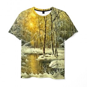 Мужская футболка 3D с принтом Сказочная зима в Новосибирске, 100% полиэфир | прямой крой, круглый вырез горловины, длина до линии бедер | верхушки | вершины | горы | ели | ёлки | ёлочки | зима | красота | лес | небо | облака | пасмурно | пейзаж | сказка | сказочно | снег | сугробы | тени | тучи | холмы | чудесно