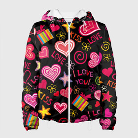 Женская куртка 3D с принтом Love в Новосибирске, ткань верха — 100% полиэстер, подклад — флис | прямой крой, подол и капюшон оформлены резинкой с фиксаторами, два кармана без застежек по бокам, один большой потайной карман на груди. Карман на груди застегивается на липучку | kiss | love | звезды | любовь | подарок | поцелуй | сердце | цветы