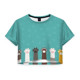Женская футболка 3D укороченная с принтом Лапки котеек в Новосибирске, 100% полиэстер | круглая горловина, длина футболки до линии талии, рукава с отворотами | cat | cat palm | кот | котейки | котики | котофеи | коты | кошак | кошаки | милости | милота | няшки