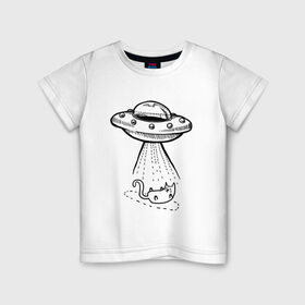 Детская футболка хлопок с принтом ufo cat в Новосибирске, 100% хлопок | круглый вырез горловины, полуприлегающий силуэт, длина до линии бедер | Тематика изображения на принте: 