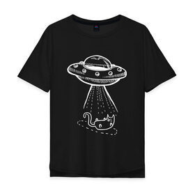 Мужская футболка хлопок Oversize с принтом ufo cat в Новосибирске, 100% хлопок | свободный крой, круглый ворот, “спинка” длиннее передней части | Тематика изображения на принте: cat | ufo | кот | нло