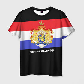 Мужская футболка 3D с принтом Флаг и герб Нидерланды в Новосибирске, 100% полиэфир | прямой крой, круглый вырез горловины, длина до линии бедер | амстердам | голландия | европа