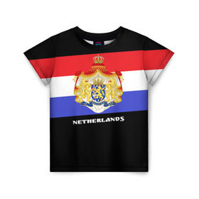 Детская футболка 3D с принтом Флаг и герб Нидерланды в Новосибирске, 100% гипоаллергенный полиэфир | прямой крой, круглый вырез горловины, длина до линии бедер, чуть спущенное плечо, ткань немного тянется | амстердам | голландия | европа