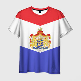 Мужская футболка 3D с принтом Флаг и герб Голландии в Новосибирске, 100% полиэфир | прямой крой, круглый вырез горловины, длина до линии бедер | амстердам | голландия | европа