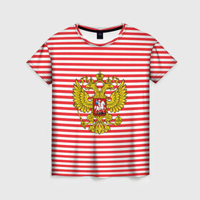 Женская футболка 3D с принтом Тельняшка ВВ и герб РФ в Новосибирске, 100% полиэфир ( синтетическое хлопкоподобное полотно) | прямой крой, круглый вырез горловины, длина до линии бедер | красный | полосатый