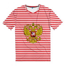 Мужская футболка 3D с принтом Тельняшка ВВ и герб РФ в Новосибирске, 100% полиэфир | прямой крой, круглый вырез горловины, длина до линии бедер | красный | полосатый