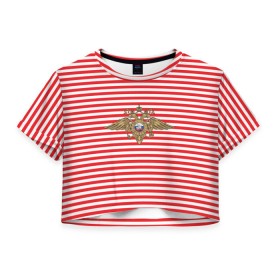 Женская футболка 3D укороченная с принтом Тельняшка ВВ и герб МВД в Новосибирске, 100% полиэстер | круглая горловина, длина футболки до линии талии, рукава с отворотами | красный | мвд | омон | спецназ