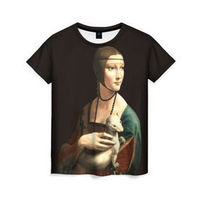Женская футболка 3D с принтом Дама с горностаем в Новосибирске, 100% полиэфир ( синтетическое хлопкоподобное полотно) | прямой крой, круглый вырез горловины, длина до линии бедер | возрождение | горностаем | горностай | да винчи | дама | искусство | ласка | леонардо | о.м.с.к. | портрет