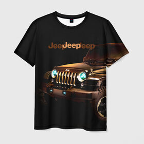 Мужская футболка 3D с принтом Jeep в Новосибирске, 100% полиэфир | прямой крой, круглый вырез горловины, длина до линии бедер | brand | car | chrysler | jeep | logo | usa | автомобиль | джип | крайслер | логотип | марка | сша