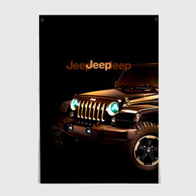 Постер с принтом Jeep в Новосибирске, 100% бумага
 | бумага, плотность 150 мг. Матовая, но за счет высокого коэффициента гладкости имеет небольшой блеск и дает на свету блики, но в отличии от глянцевой бумаги не покрыта лаком | brand | car | chrysler | jeep | logo | usa | автомобиль | джип | крайслер | логотип | марка | сша