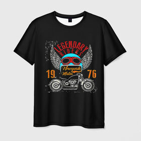 Мужская футболка 3D с принтом Мото 1976 в Новосибирске, 100% полиэфир | прямой крой, круглый вырез горловины, длина до линии бедер | Тематика изображения на принте: 3d | legendary riders | riders | rock | авто | автомобильные | гонщик | дорога | колеса | крылья | мото | мотоциклы | рок
