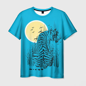 Мужская футболка 3D с принтом тигр в Новосибирске, 100% полиэфир | прямой крой, круглый вырез горловины, длина до линии бедер | арт | бамбук | восток | графика | живопись | китай | луна | небо | ночь | полосы | птицы | рисунок | творчество | хищник | япония