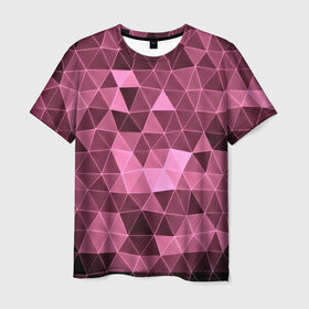 Мужская футболка 3D с принтом Розовые треугольники в Новосибирске, 100% полиэфир | прямой крой, круглый вырез горловины, длина до линии бедер | abstract | gray | lowpoly | polygon | triangle | абстракция | геометрия | полигоны | треугольники