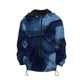 Детская куртка 3D с принтом Lullaby blue в Новосибирске, 100% полиэстер | застежка — молния, подол и капюшон оформлены резинкой с фиксаторами, по бокам — два кармана без застежек, один потайной карман на груди, плотность верхнего слоя — 90 г/м2; плотность флисового подклада — 260 г/м2 | Тематика изображения на принте: волны | синий | темный