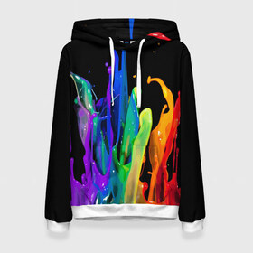 Женская толстовка 3D с принтом Краски в Новосибирске, 100% полиэстер  | двухслойный капюшон со шнурком для регулировки, мягкие манжеты на рукавах и по низу толстовки, спереди карман-кенгуру с мягким внутренним слоем. | background | black | bright | paint | rainbow | spectrum | splash | spray | брызги | всплеск | краски | радуга | спектр | фон | черный | яркие