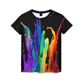 Женская футболка 3D с принтом Краски в Новосибирске, 100% полиэфир ( синтетическое хлопкоподобное полотно) | прямой крой, круглый вырез горловины, длина до линии бедер | Тематика изображения на принте: background | black | bright | paint | rainbow | spectrum | splash | spray | брызги | всплеск | краски | радуга | спектр | фон | черный | яркие