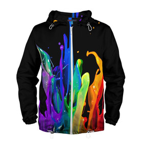 Мужская ветровка 3D с принтом Краски в Новосибирске, 100% полиэстер | подол и капюшон оформлены резинкой с фиксаторами, два кармана без застежек по бокам, один потайной карман на груди | Тематика изображения на принте: background | black | bright | paint | rainbow | spectrum | splash | spray | брызги | всплеск | краски | радуга | спектр | фон | черный | яркие