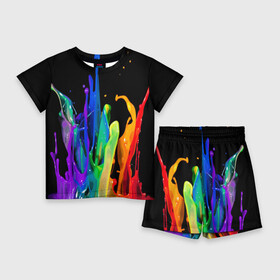 Детский костюм с шортами 3D с принтом Краски в Новосибирске,  |  | background | black | bright | paint | rainbow | spectrum | splash | spray | брызги | всплеск | краски | радуга | спектр | фон | черный | яркие