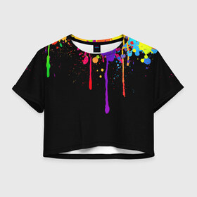 Женская футболка 3D укороченная с принтом Краски в Новосибирске, 100% полиэстер | круглая горловина, длина футболки до линии талии, рукава с отворотами | брызги | капли | кляксы | краски | спектр | яркие