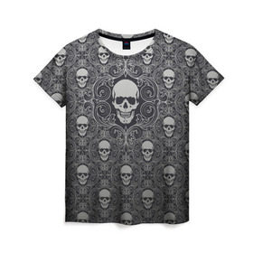 Женская футболка 3D с принтом Black Milk - Skulls - Черепа в Новосибирске, 100% полиэфир ( синтетическое хлопкоподобное полотно) | прямой крой, круглый вырез горловины, длина до линии бедер | black milk | metall | pattern | rock | skulls | патерн | узор | череп | черепа | черная