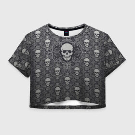 Женская футболка 3D укороченная с принтом Black Milk - Skulls - Черепа в Новосибирске, 100% полиэстер | круглая горловина, длина футболки до линии талии, рукава с отворотами | Тематика изображения на принте: black milk | metall | pattern | rock | skulls | патерн | узор | череп | черепа | черная