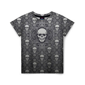 Детская футболка 3D с принтом Black Milk - Skulls - Черепа в Новосибирске, 100% гипоаллергенный полиэфир | прямой крой, круглый вырез горловины, длина до линии бедер, чуть спущенное плечо, ткань немного тянется | Тематика изображения на принте: black milk | metall | pattern | rock | skulls | патерн | узор | череп | черепа | черная