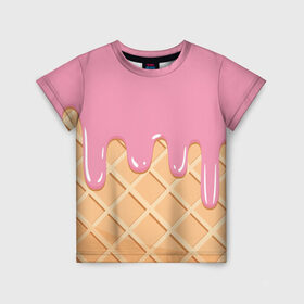Детская футболка 3D с принтом Я Клубничный Рожок в Новосибирске, 100% гипоаллергенный полиэфир | прямой крой, круглый вырез горловины, длина до линии бедер, чуть спущенное плечо, ткань немного тянется | ваниль | вафля | вкус | вкусно | вкусняшка | десерт | жара | капли | клубника | лед | лето | молоко | мороженка | мороженое | пломбир | принт | рожок | сладость | шоколад | эскимо