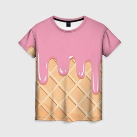 Женская футболка 3D с принтом Я Клубничный Рожок в Новосибирске, 100% полиэфир ( синтетическое хлопкоподобное полотно) | прямой крой, круглый вырез горловины, длина до линии бедер | ваниль | вафля | вкус | вкусно | вкусняшка | десерт | жара | капли | клубника | лед | лето | молоко | мороженка | мороженое | пломбир | принт | рожок | сладость | шоколад | эскимо