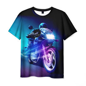 Мужская футболка 3D с принтом Мотоциклист в Новосибирске, 100% полиэфир | прямой крой, круглый вырез горловины, длина до линии бедер | city | light | motocross | motorcycle | motorcyclist | night | silhouette | speed | город | мотокросс | мотоцикл | мотоциклист | ночь | свет | силуэт | скорость
