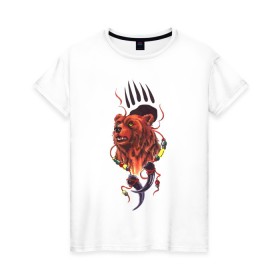 Женская футболка хлопок с принтом Медведь Тотем в Новосибирске, 100% хлопок | прямой крой, круглый вырез горловины, длина до линии бедер, слегка спущенное плечо | бусы | индейский | след | тотемное животное