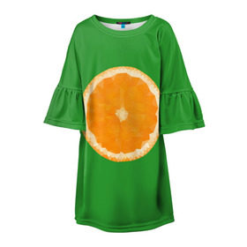 Детское платье 3D с принтом Низкополигональный апельсин в Новосибирске, 100% полиэстер | прямой силуэт, чуть расширенный к низу. Круглая горловина, на рукавах — воланы | lowpoly | polygonal | апельсин | зеленый | оранджевый | полигон | полигональный | полигоны | яркий
