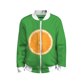 Детский бомбер 3D с принтом Низкополигональный апельсин в Новосибирске, 100% полиэстер | застегивается на молнию, по бокам два кармана без застежек, мягкие манжеты, по низу бомбера и на воротнике — эластичная резинка | Тематика изображения на принте: lowpoly | polygonal | апельсин | зеленый | оранджевый | полигон | полигональный | полигоны | яркий