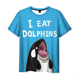 Мужская футболка 3D с принтом Я ем дельфинов в Новосибирске, 100% полиэфир | прямой крой, круглый вырез горловины, длина до линии бедер | дельфины | касатка