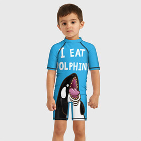 Детский купальный костюм 3D с принтом Я ем дельфинов в Новосибирске, Полиэстер 85%, Спандекс 15% | застежка на молнии на спине | дельфины | касатка