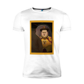 Мужская футболка премиум с принтом Счастливый Ким в Новосибирске, 92% хлопок, 8% лайкра | приталенный силуэт, круглый вырез ворота, длина до линии бедра, короткий рукав | ким чен ын | северная корея