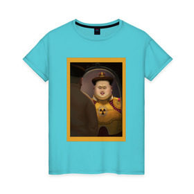 Женская футболка хлопок с принтом Счастливый Ким в Новосибирске, 100% хлопок | прямой крой, круглый вырез горловины, длина до линии бедер, слегка спущенное плечо | ким чен ын | северная корея